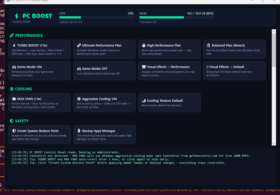 PCBoost Pro dashboard with reversible Windows performance tweaks